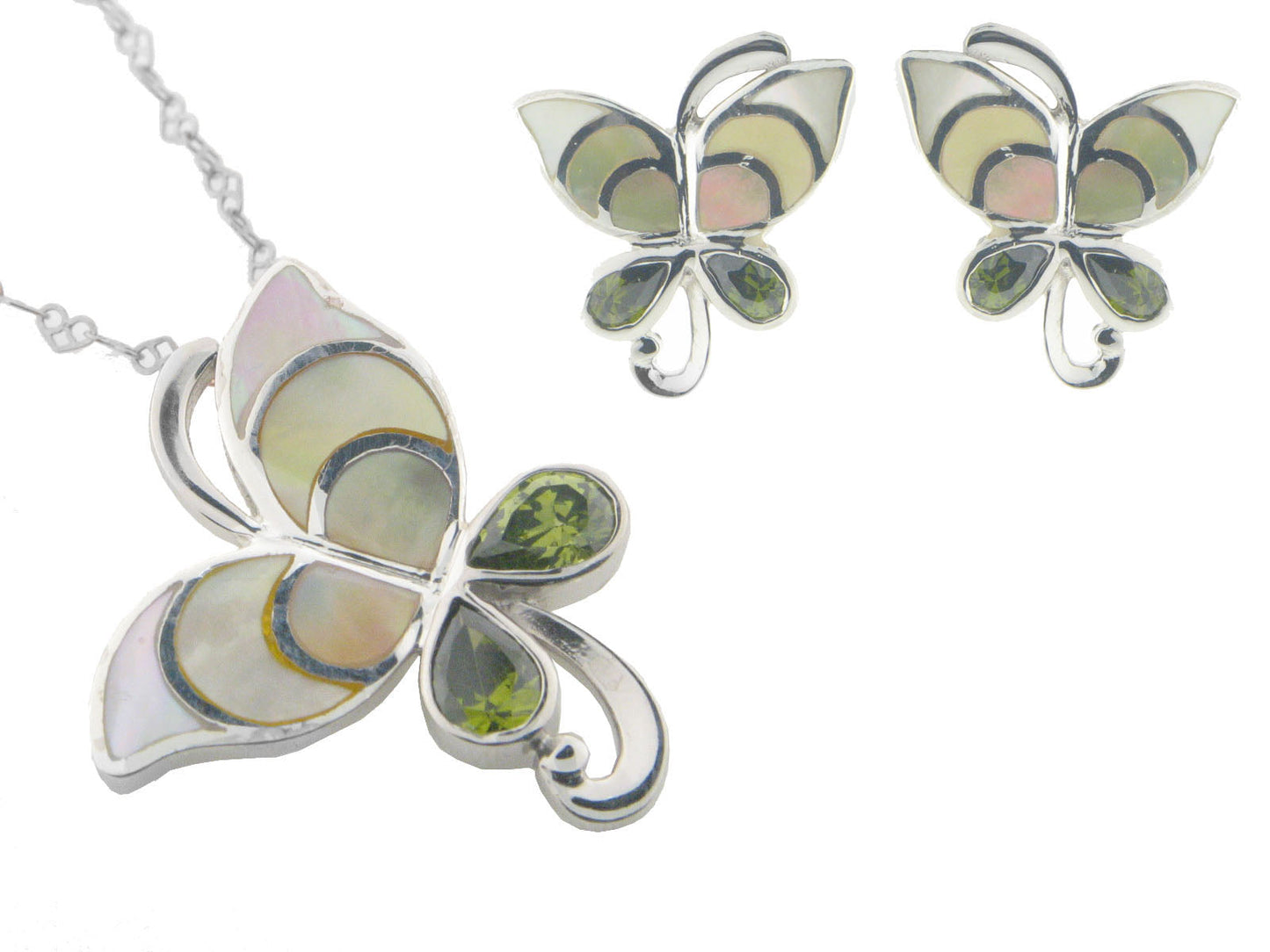 Vintage Butterfly Mother of Pearl Earring and Pendant Set 925 Sterling Silver Cubic Zirconias Sets