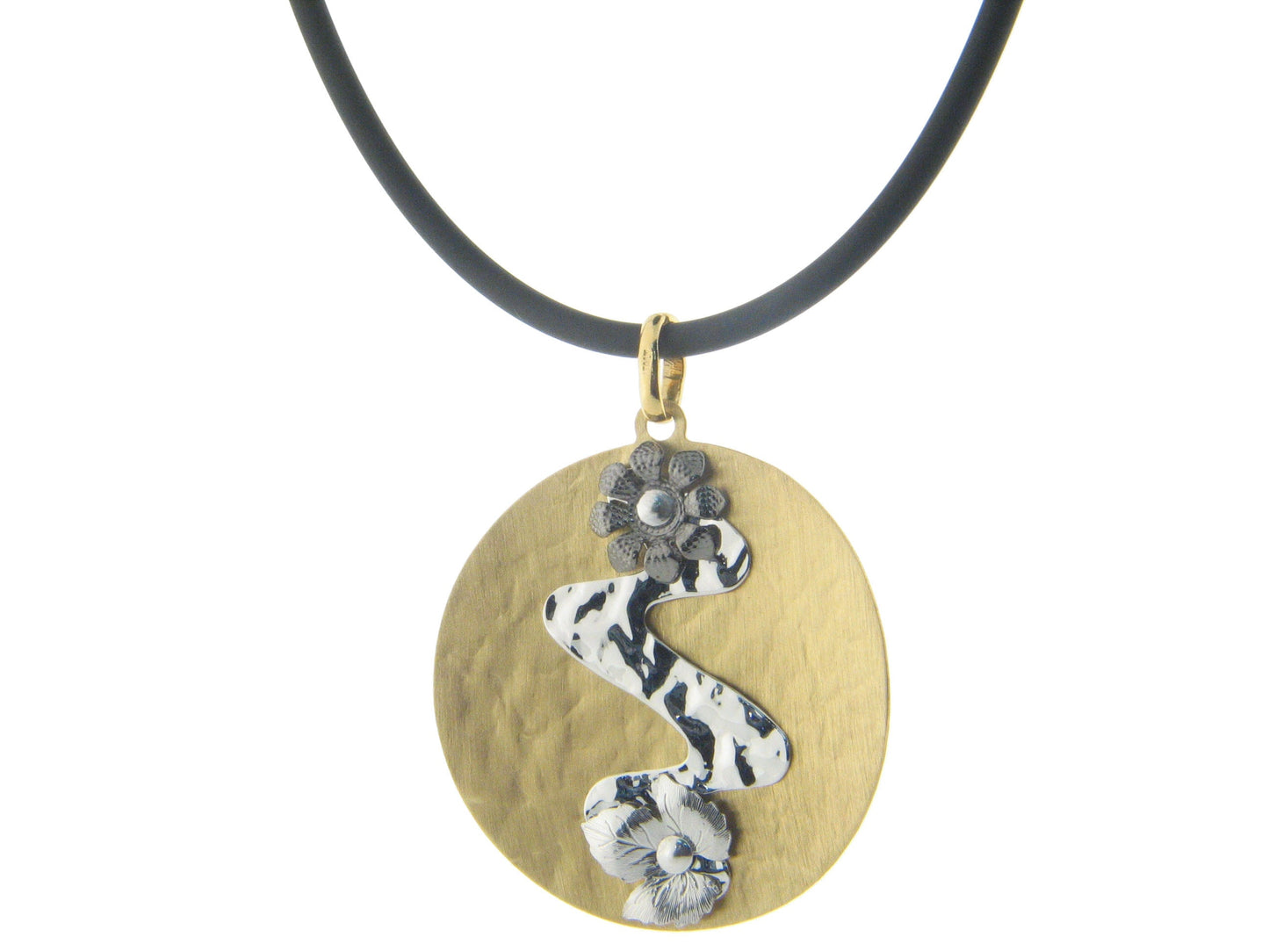 Hammered Layered Flowers Round Pendant in Sterling Silver Necklaces
