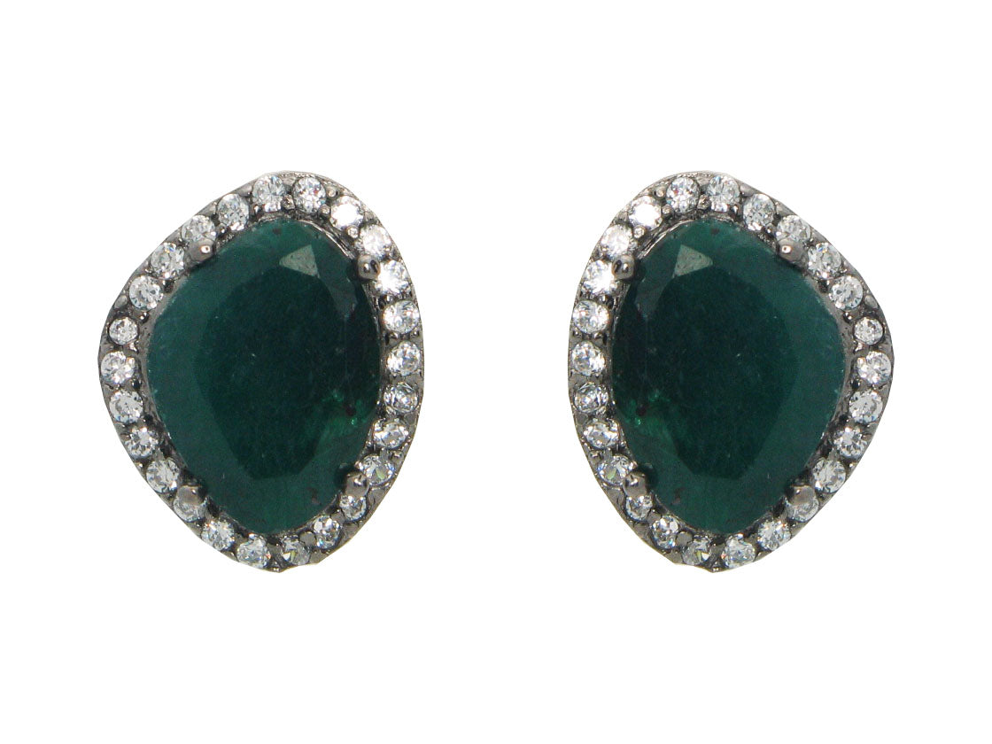 Sterling Silver Black Rhodium Plated Green Corundum & Cubic Zirconia Oval Stud Earrings Earrings