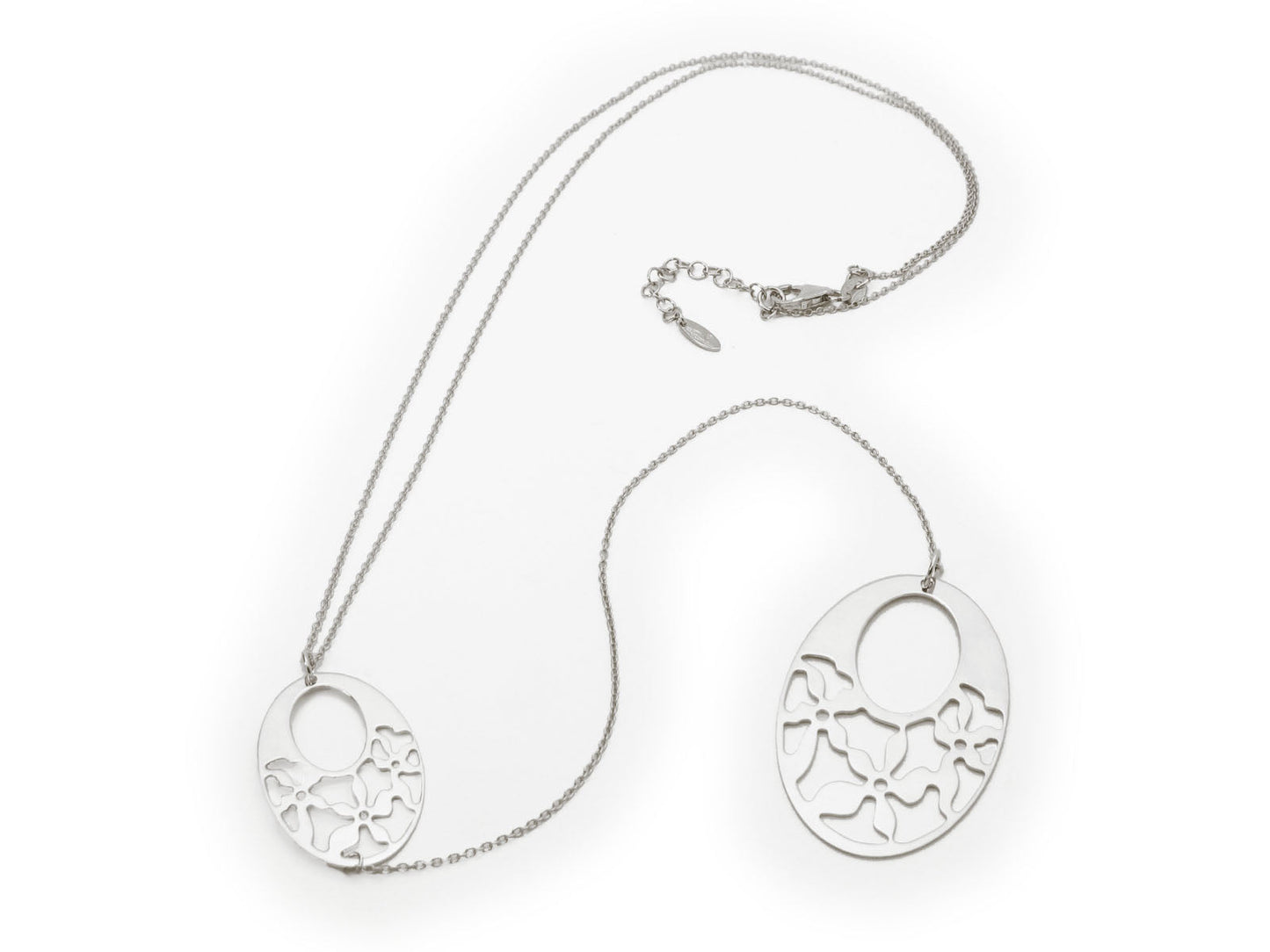 Laser Cut Oval Engravings Lariat Necklace in Rhodium Plated Silver, 22" + 6" Necklaces