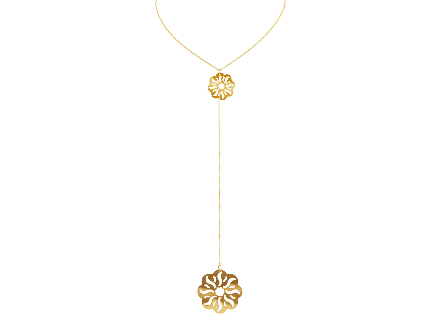 Laser Cut Flower Engravings Lariat Necklace in 18k Gold Plated Silver, 22" + 6" Necklaces