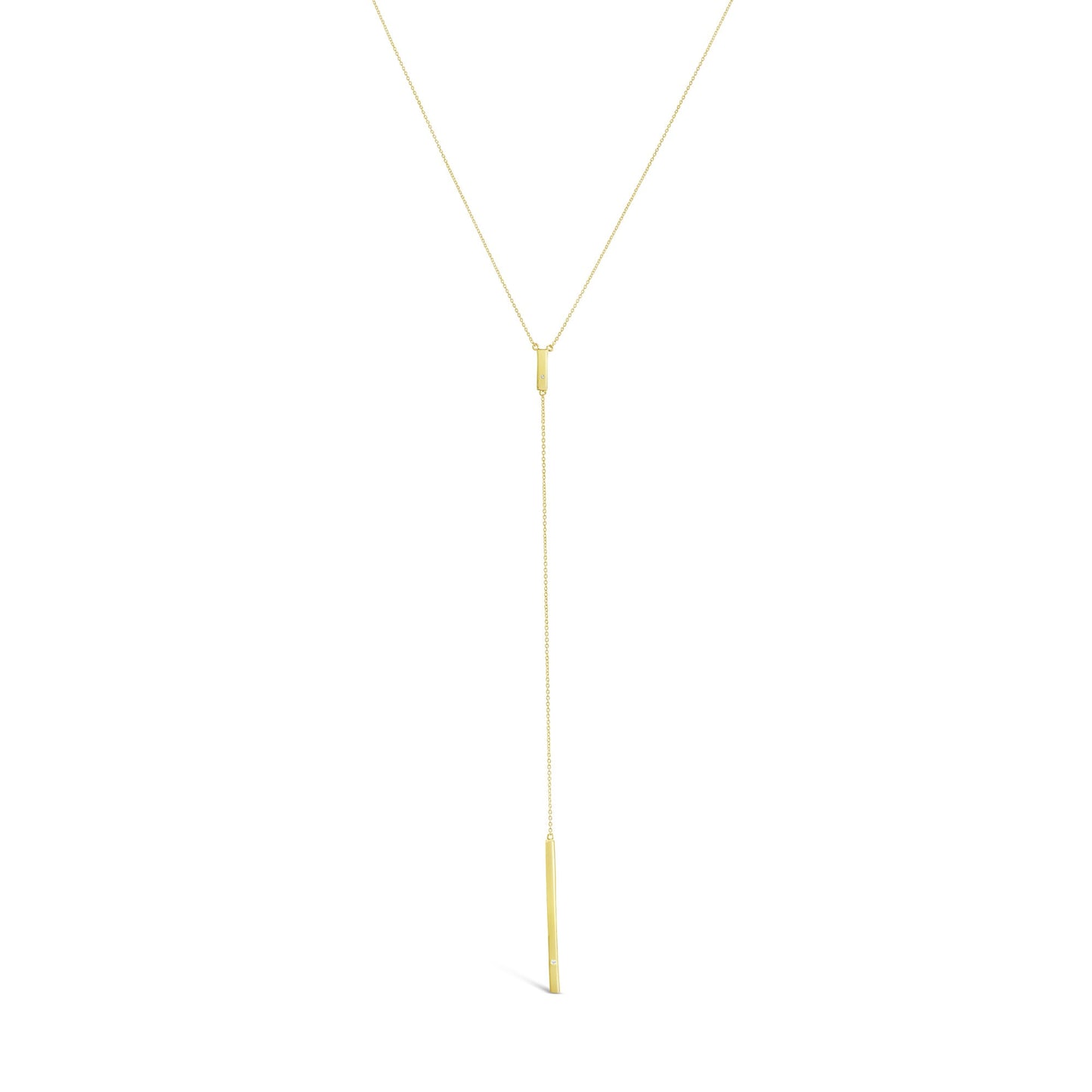18K Gold Plated Lariat Necklace Bar Pendant With 2 Sparkling Zirconia Stones 35" Long Chain Necklaces