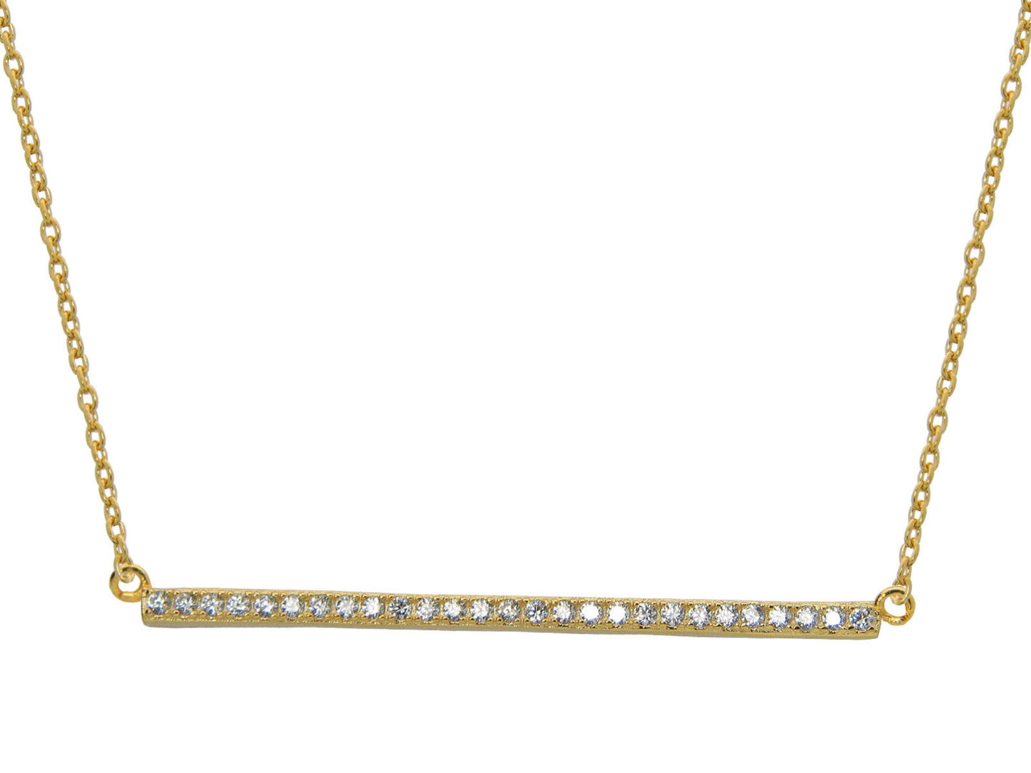 Sideways Gold Bar Pendant Cubic Zirconia Stone Necklace, 16" + 1" Necklaces