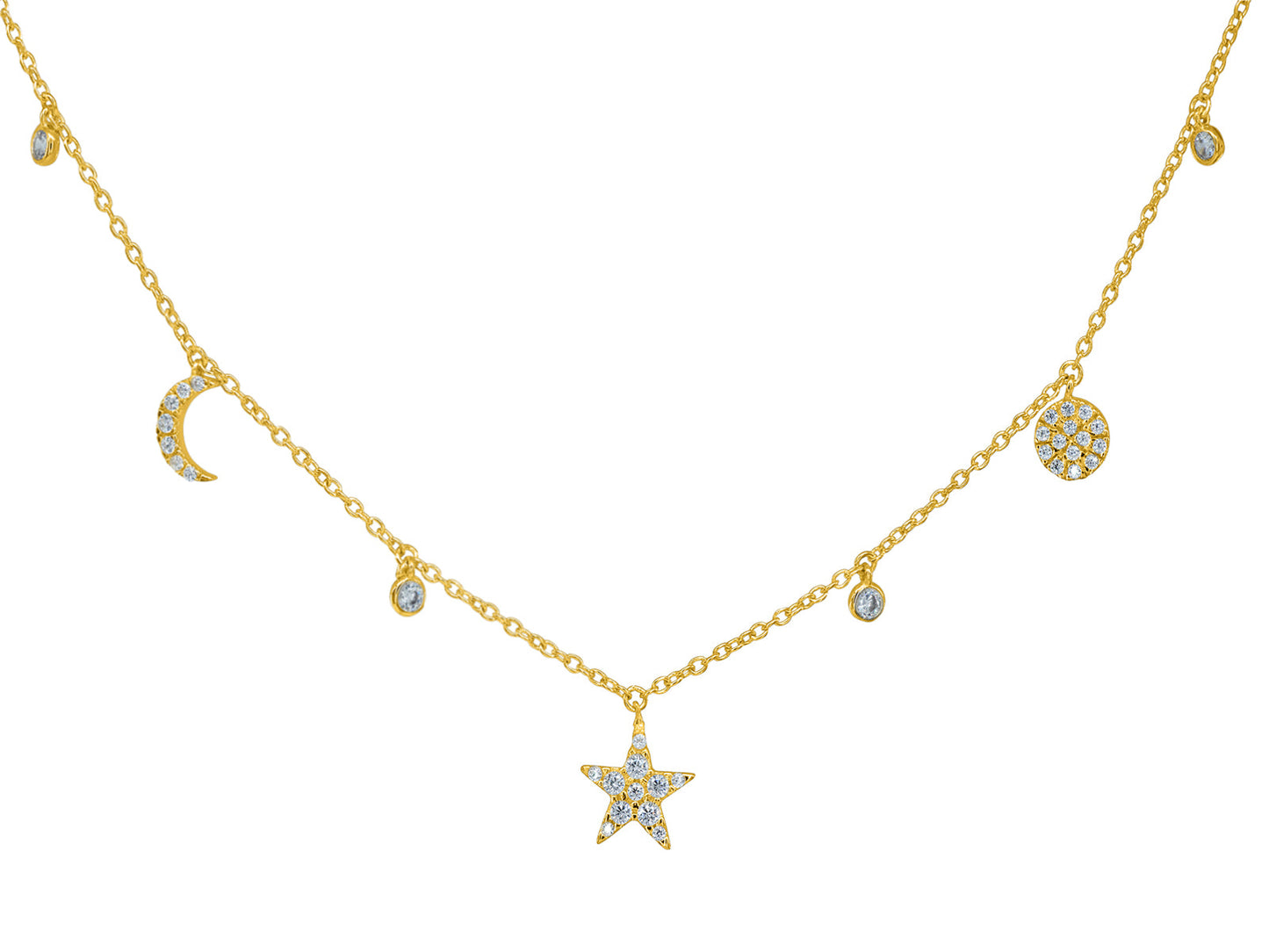 Sparkling Golden CZ Stars & Moons Charms Necklace Necklaces
