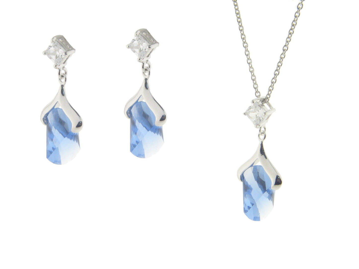 Sterling Silver Blue Ice Cubic Zirconia Earrings and Pendant Necklace Set Sets