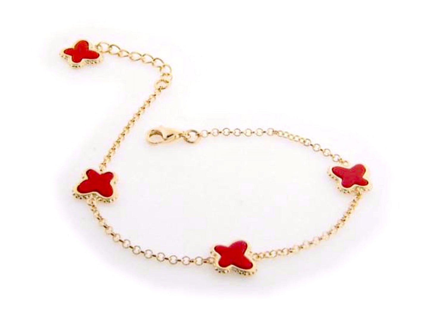 Red Coral Butterfly Charms Bracelet in Gold Plating, 7" + 1" Extender Bracelets