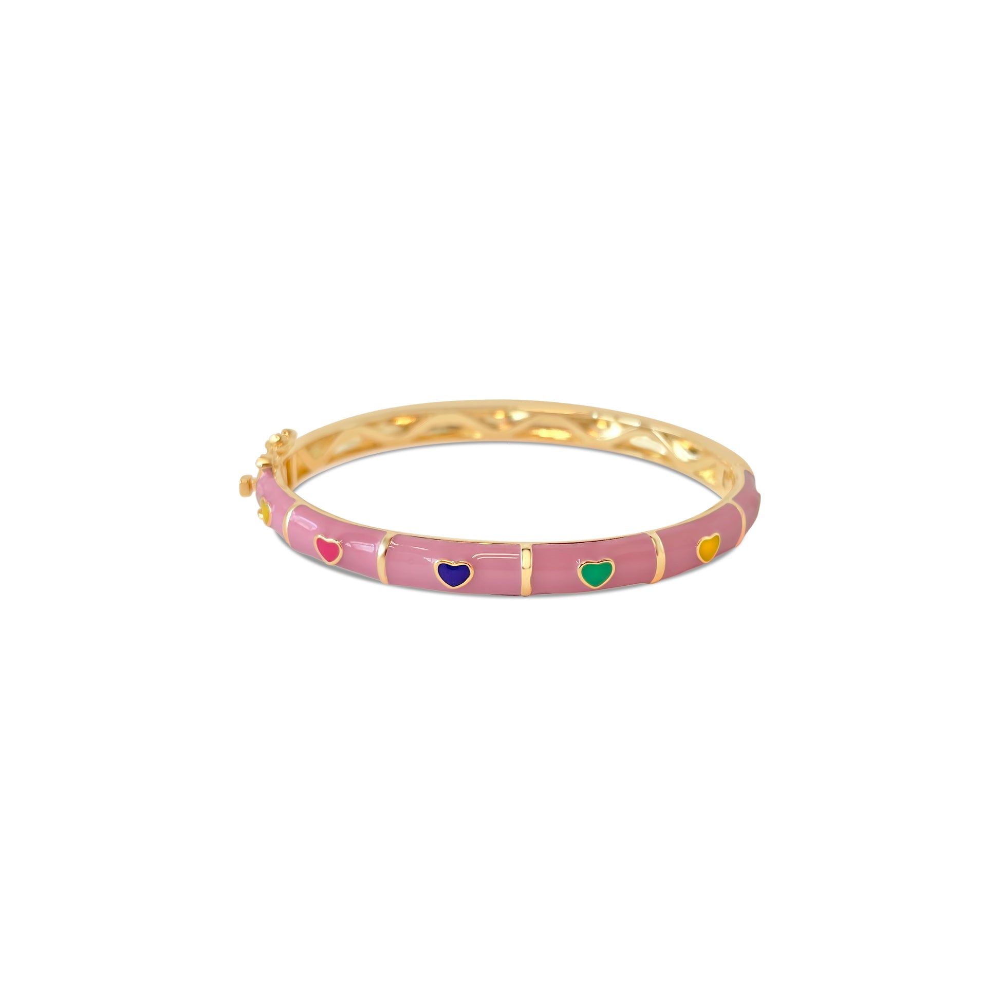 Children's Bangle Bracelet | Colorful Hearts Pink | 18k Gold Plated Brass (Nickel Free) | 50mm Bracelets