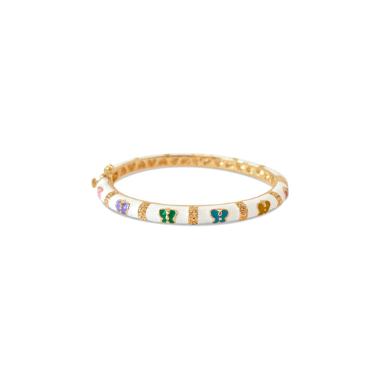 Children's Bangle Bracelet | White Enamel Rainbow Butterflies | 18k Gold Plated Brass (Nickel Free) | 55mm Bracelets