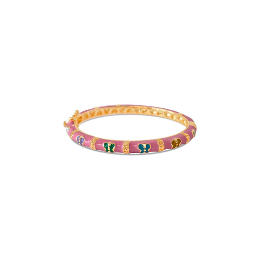 Children's Bangle Bracelet | Pink Enamel Rainbow Butterflies | 18k Gold Plated Brass (Nickel Free) | 55mm Bracelets