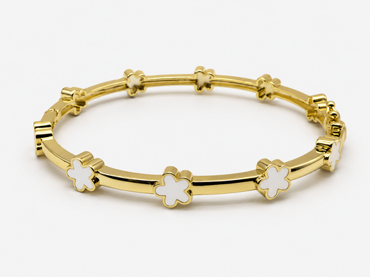 Enamel Bangle Bracelet White Flowers