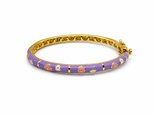 Enamel Bangle Bracelet Pink White Flowers