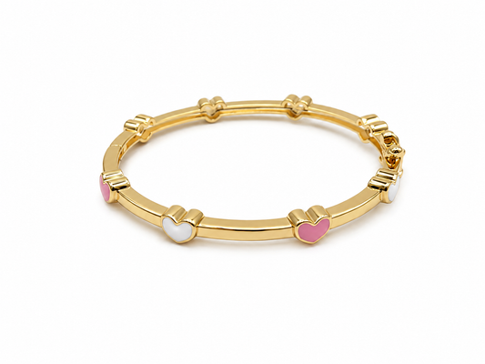 Enamel Bangle Bracelet Pink White Hearts