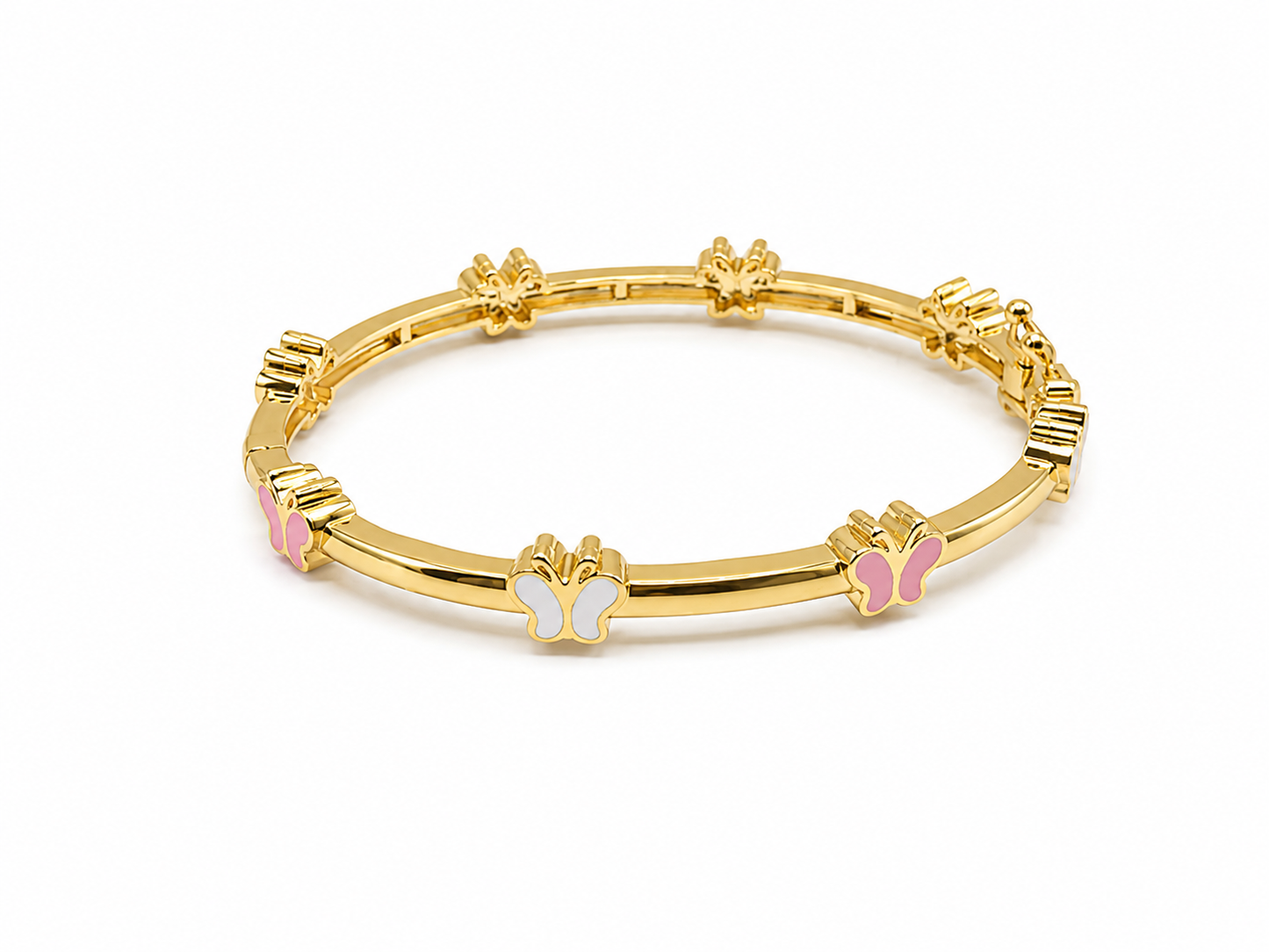 Enamel Bangle Bracelet Pink White Butterflies
