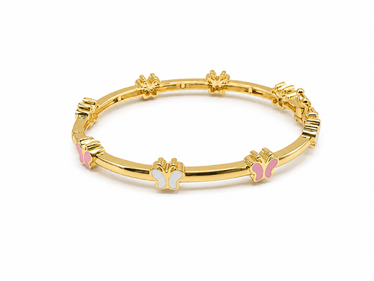 Enamel Bangle Bracelet Pink White Butterflies