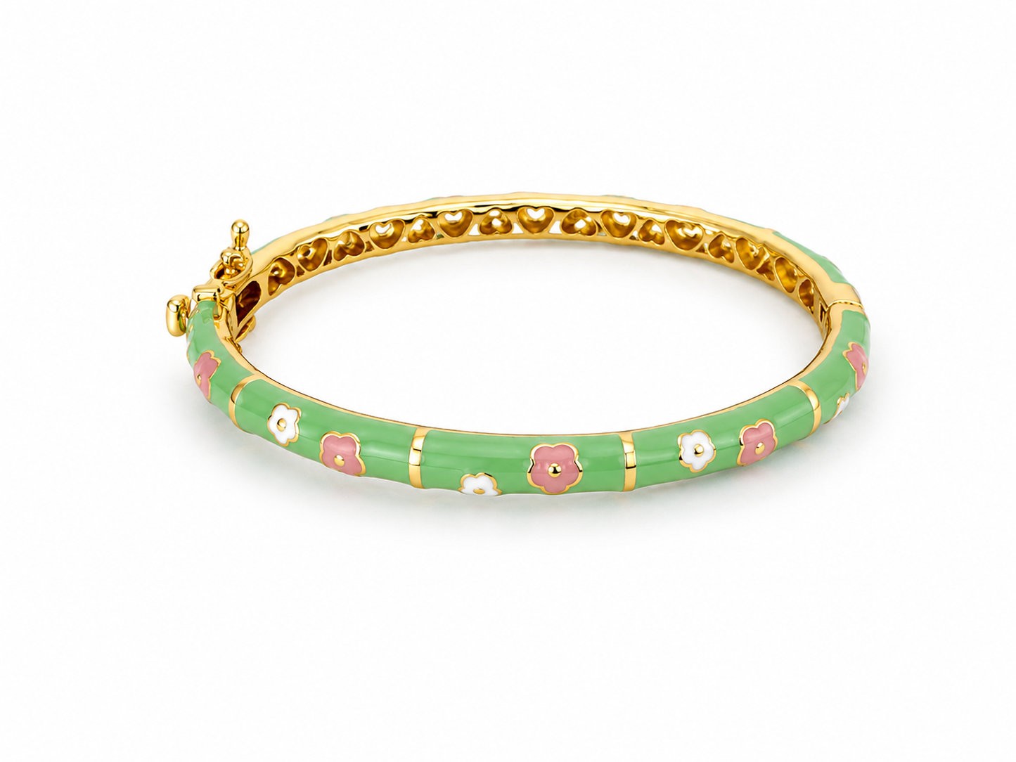 Enamel Bangle Bracelet Pink White Flowers