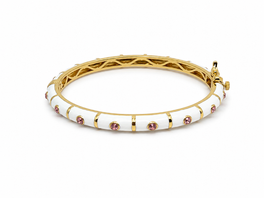 Enamel Bangle Bracelet White Pink CZ Dots