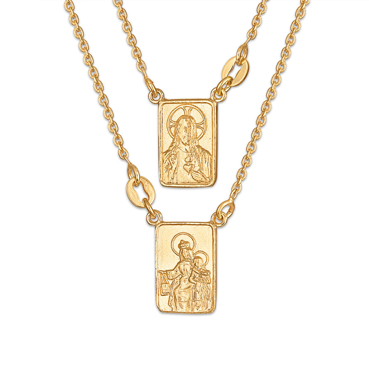 14k Gold Plated Sterling Silver Scapular Necklace Sacred Heart & Our Lady of Mount Carmel