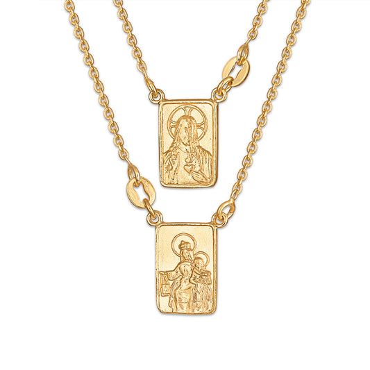 14k Gold Plated Sterling Silver Scapular Necklace Sacred Heart & Our Lady of Mount Carmel