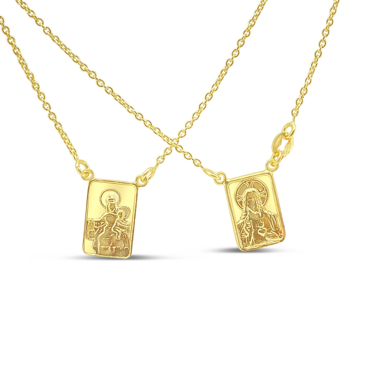 14k Gold Plated Sterling Silver Scapular Necklace Sacred Heart & Our Lady of Mount Carmel
