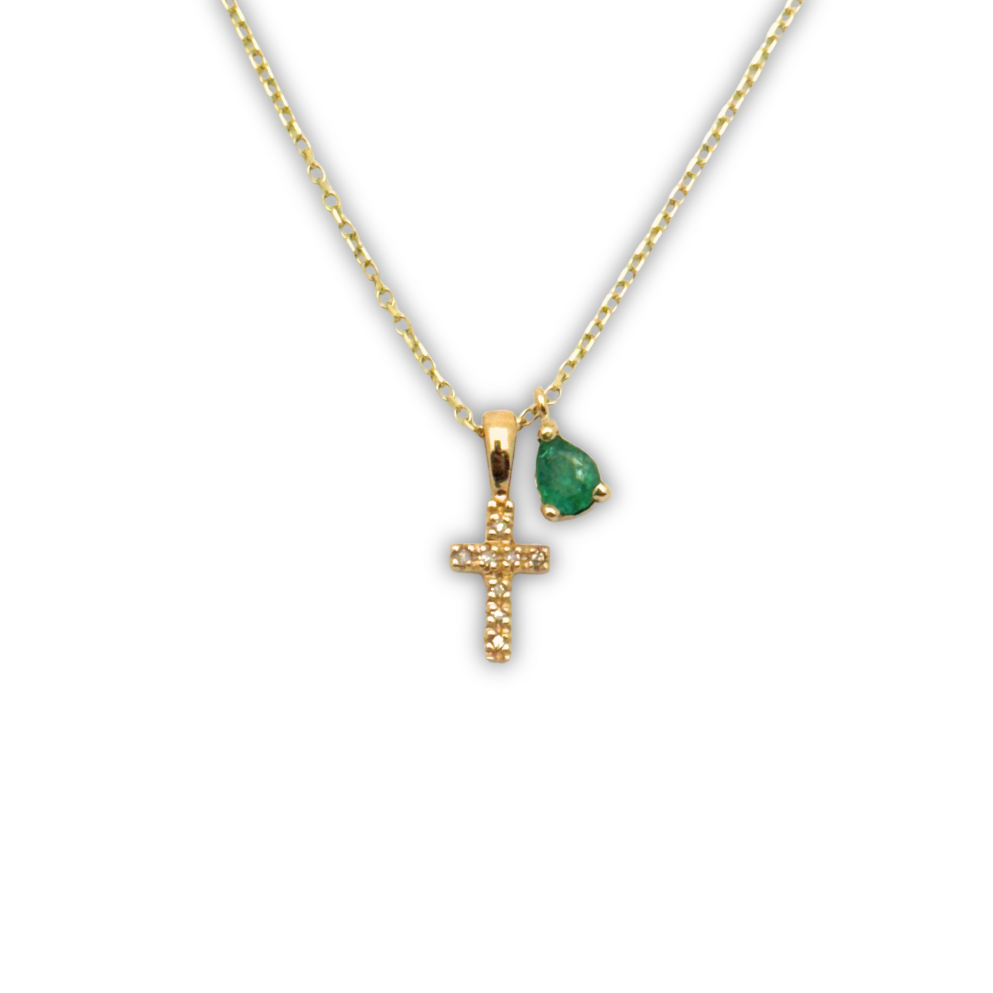 14k Gold Mini Diamond Cross with Dangling Emerald Necklace NECKLACES