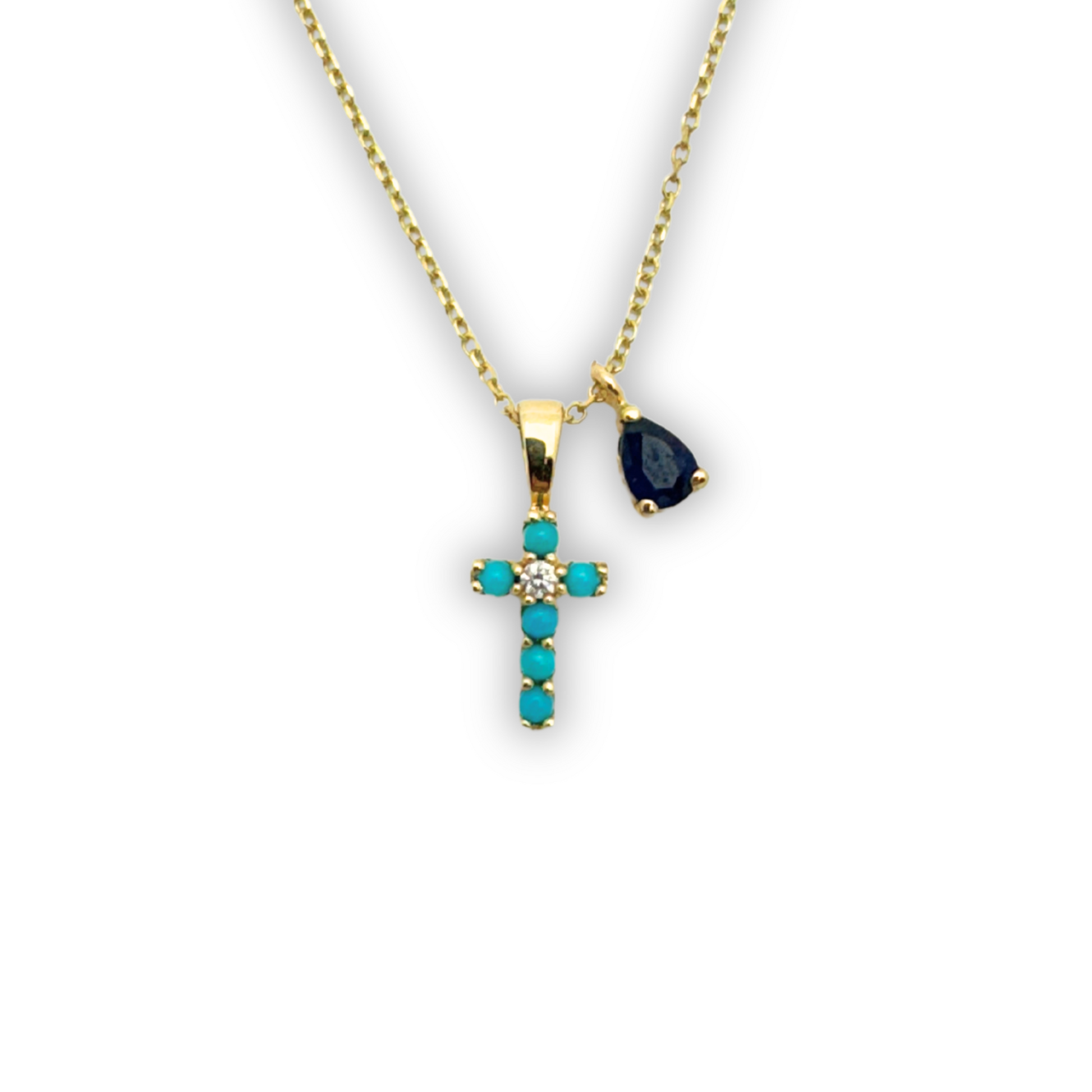 14k Gold Turquoise & Diamond Cross with Dangling Sapphire Necklace NECKLACES