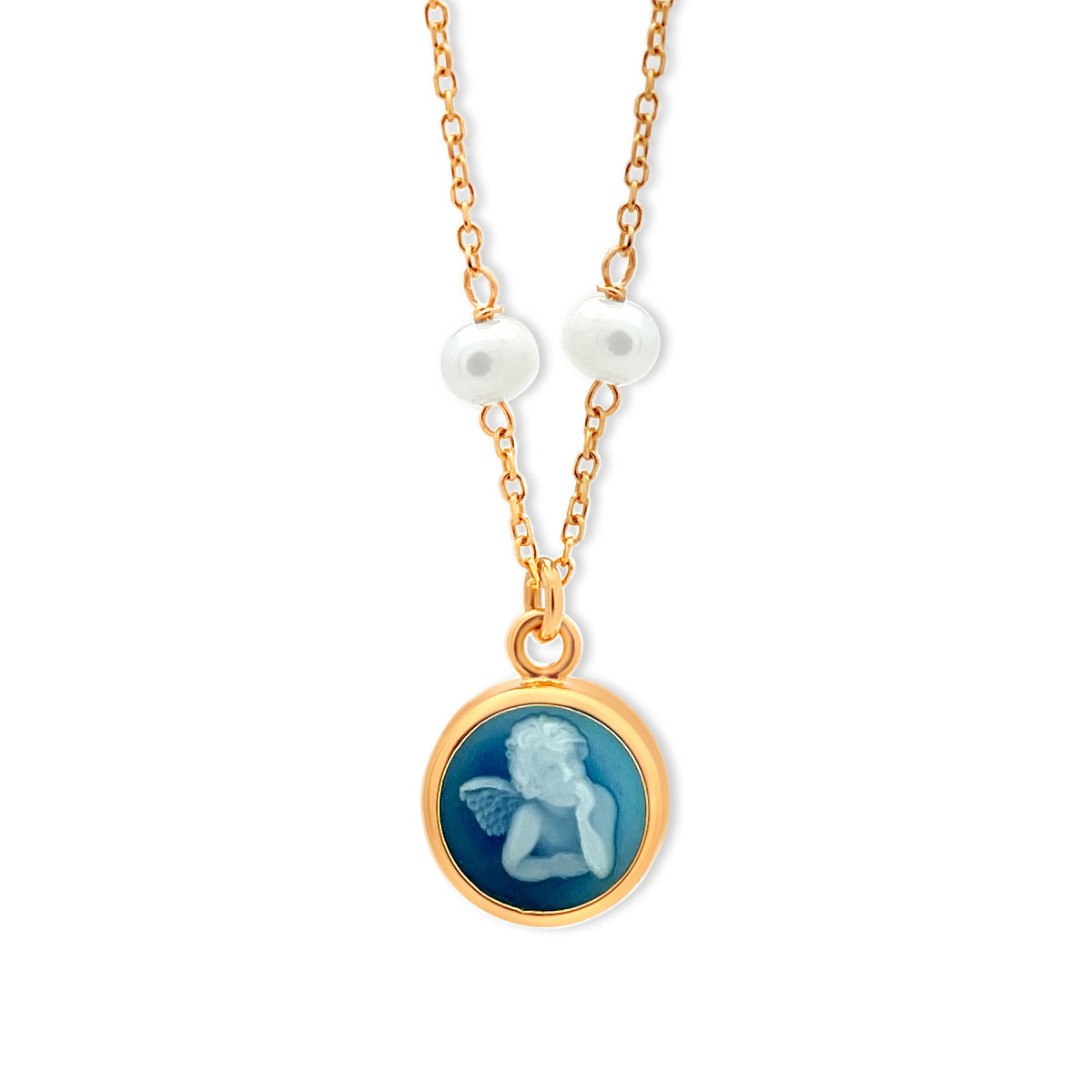 14k Gold Blue Guardian Angel Mini Pearls Necklace