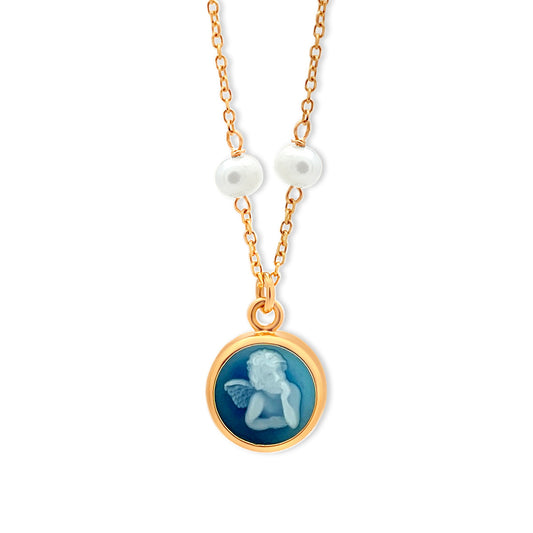 14k Gold Blue Guardian Angel Mini Pearls Necklace