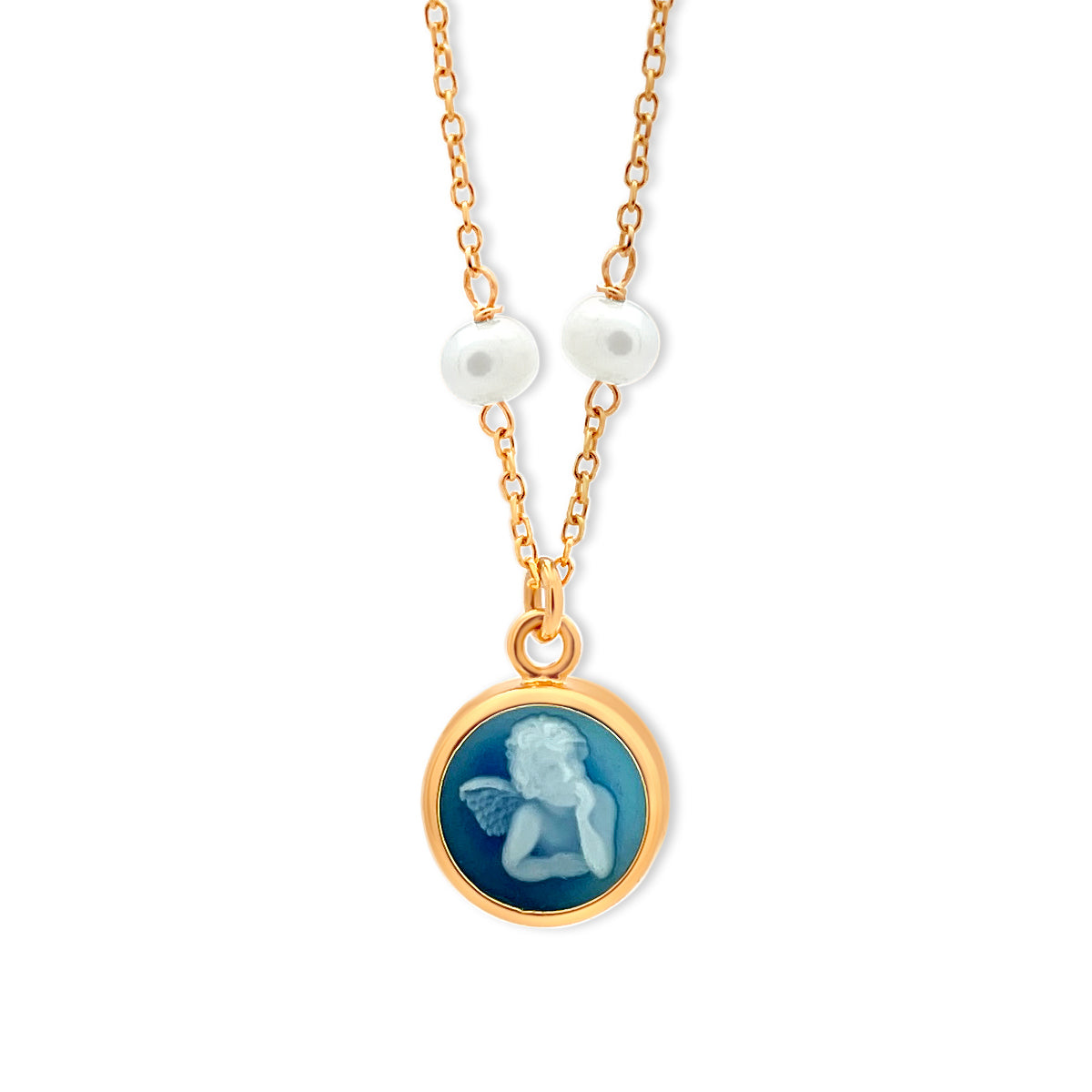 14k Gold Blue Guardian Angel Mini Pearls Necklace Necklaces