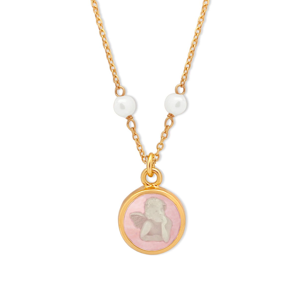 14k Gold Rose Guardian Angel Mini Pearls Necklace