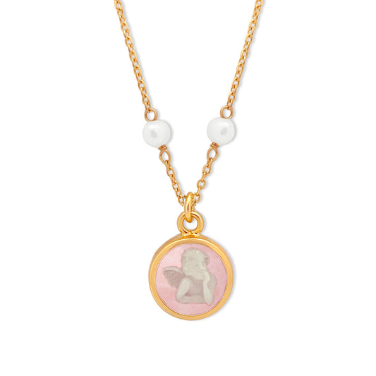 14k Gold Rose Guardian Angel Mini Pearls Necklace
