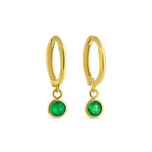 14k Gold Huggie Hoop Earrings with Dangling Round Emerald EARRINGS