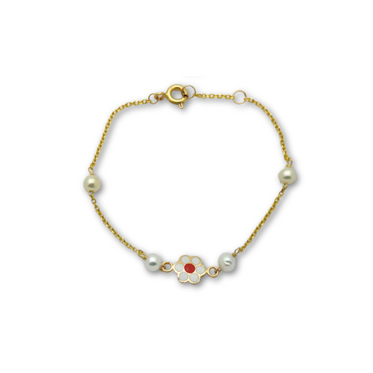 14k Gold Enamel Flower Charm & Pearl Bead Bracelet for Girls Bracelets