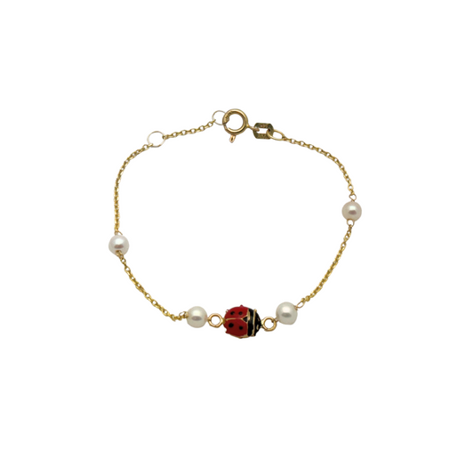 14k Gold Red Ladybug Charm & Pearl Bead Bracelet for Girls Bracelets