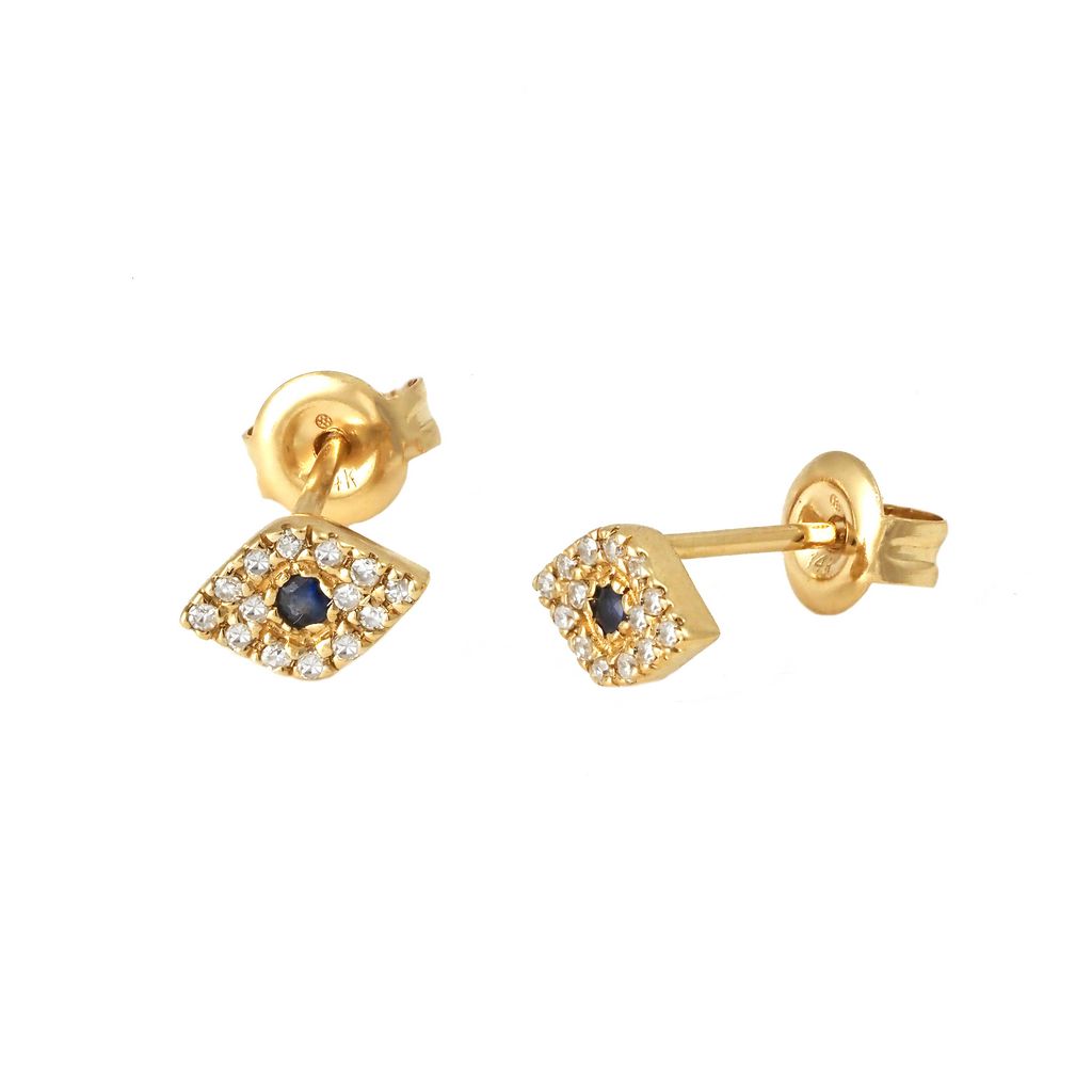 14k Yellow Gold Sapphire & Diamond Evil Eye Stud Earrings EARRINGS