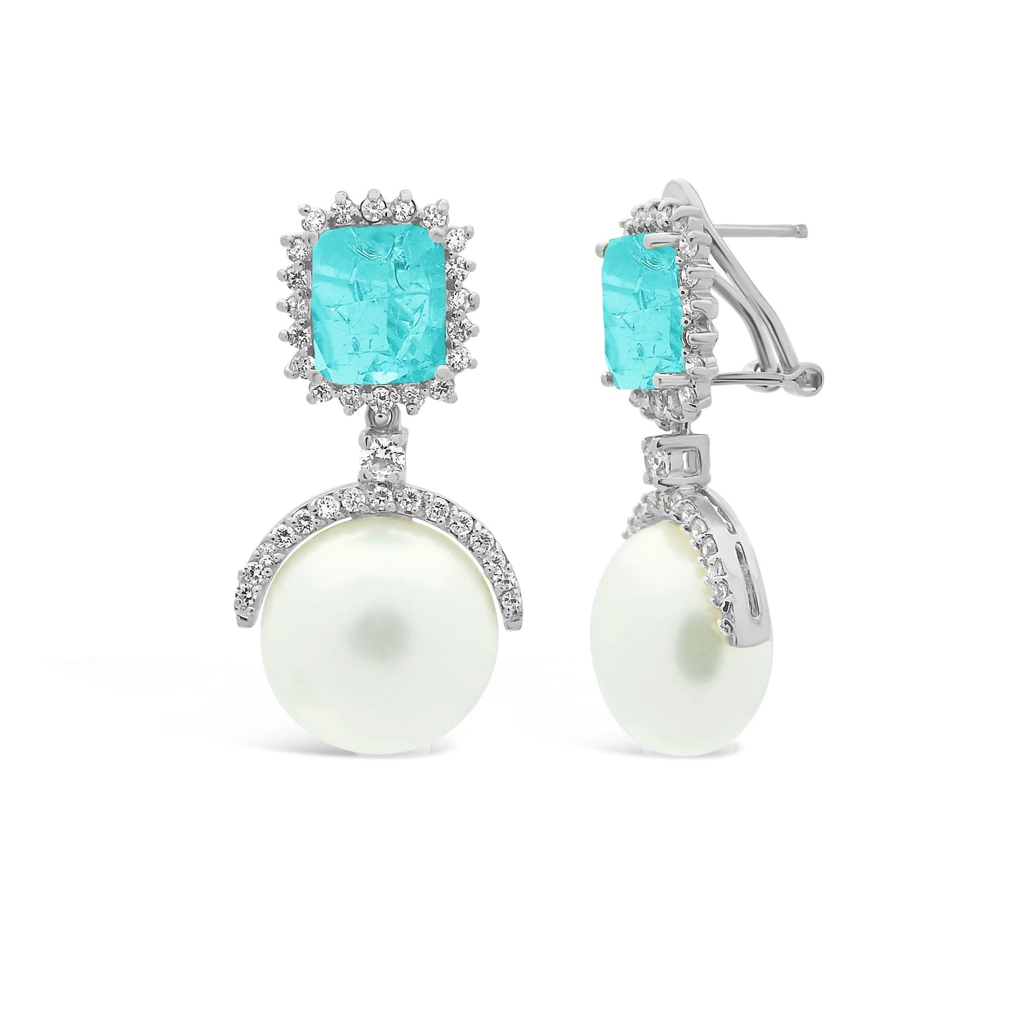 Royal Simulated Paraiba & Pearl Omega Back Drop Earrings