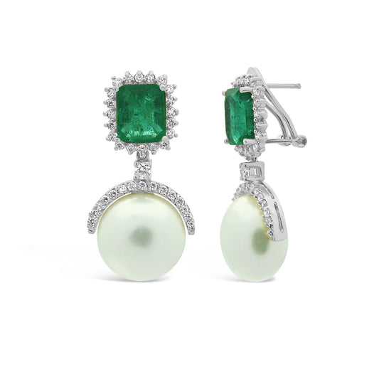 Royal Simulated Emerald & Pearl Omega Back Drop Earrings