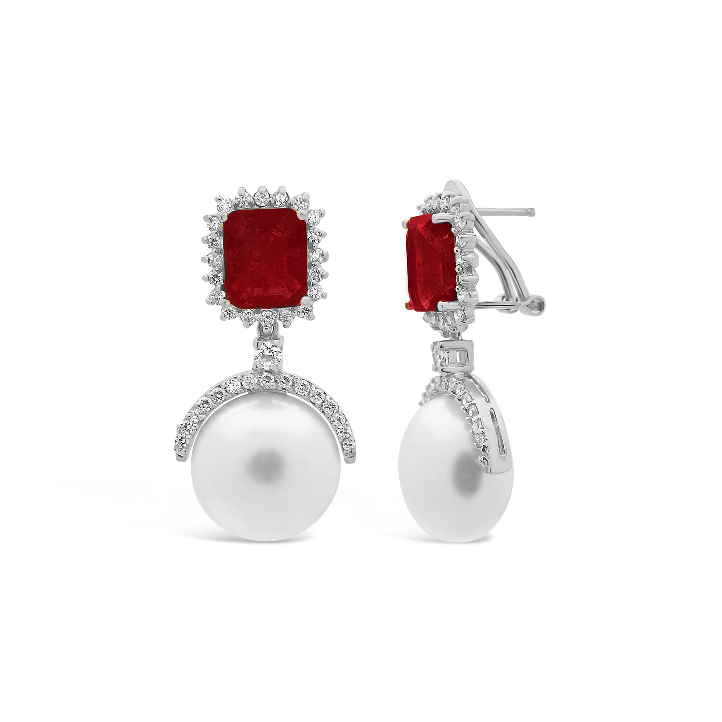 Royal Simulated Ruby & Pearl Omega Back Drop Earrings