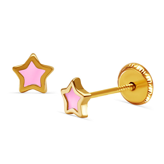 14k Gold Pink Enamel Star Screwback Earrings Earrings