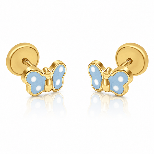 14k Gold Blue Butterfly Screwback Stud Earrings