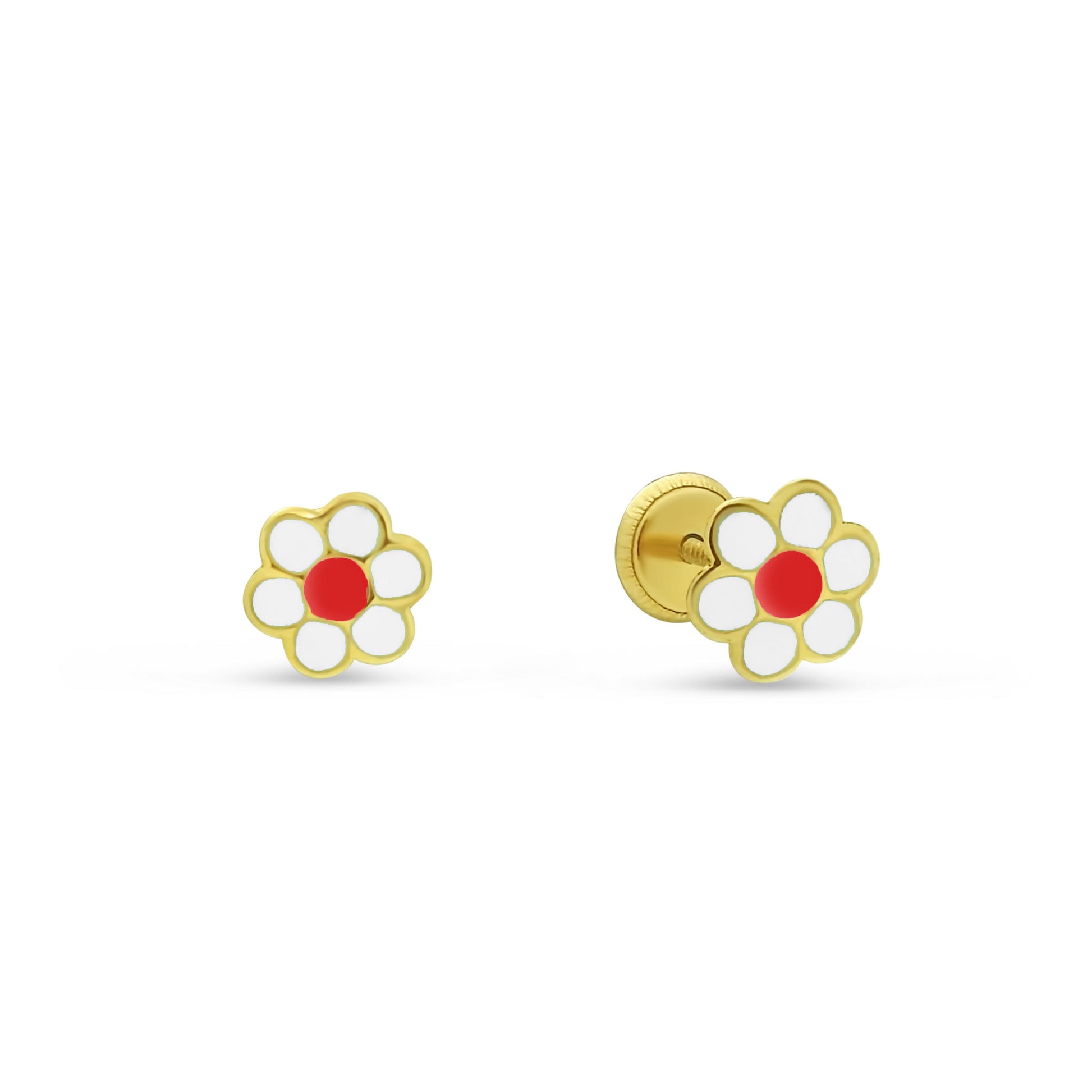 14k Gold Red Enamel Flower Screwback Stud Earrings EARRINGS