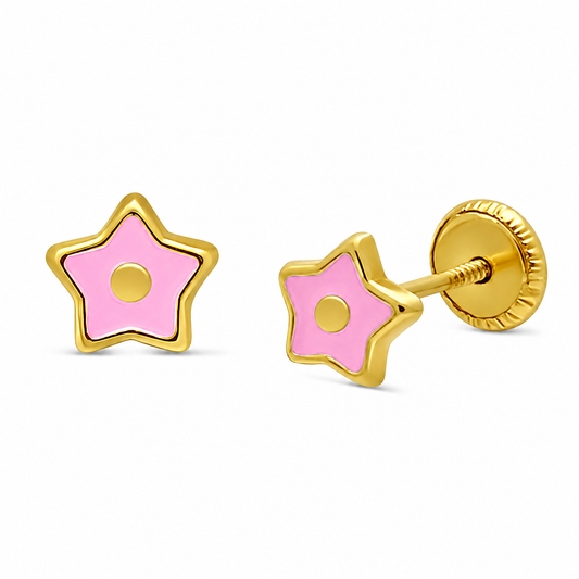 14k Gold Pink Enamel Star Screwback Earrings