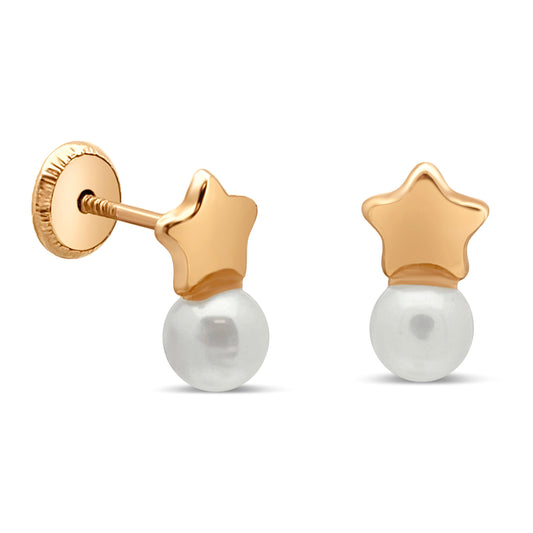 14k Yellow Gold Star & Pearl Screwback Stud Earrings Earrings