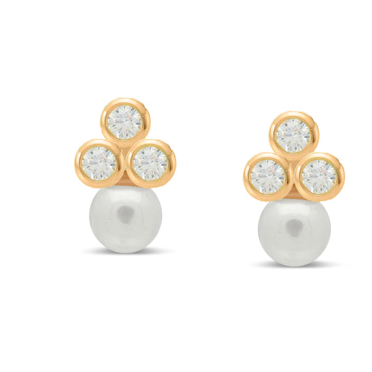 14k Triple CZ Pearl Screwback Stud Earrings Earrings