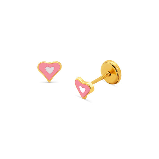 14k Gold Pink Heart Screwback Earrings Earrings