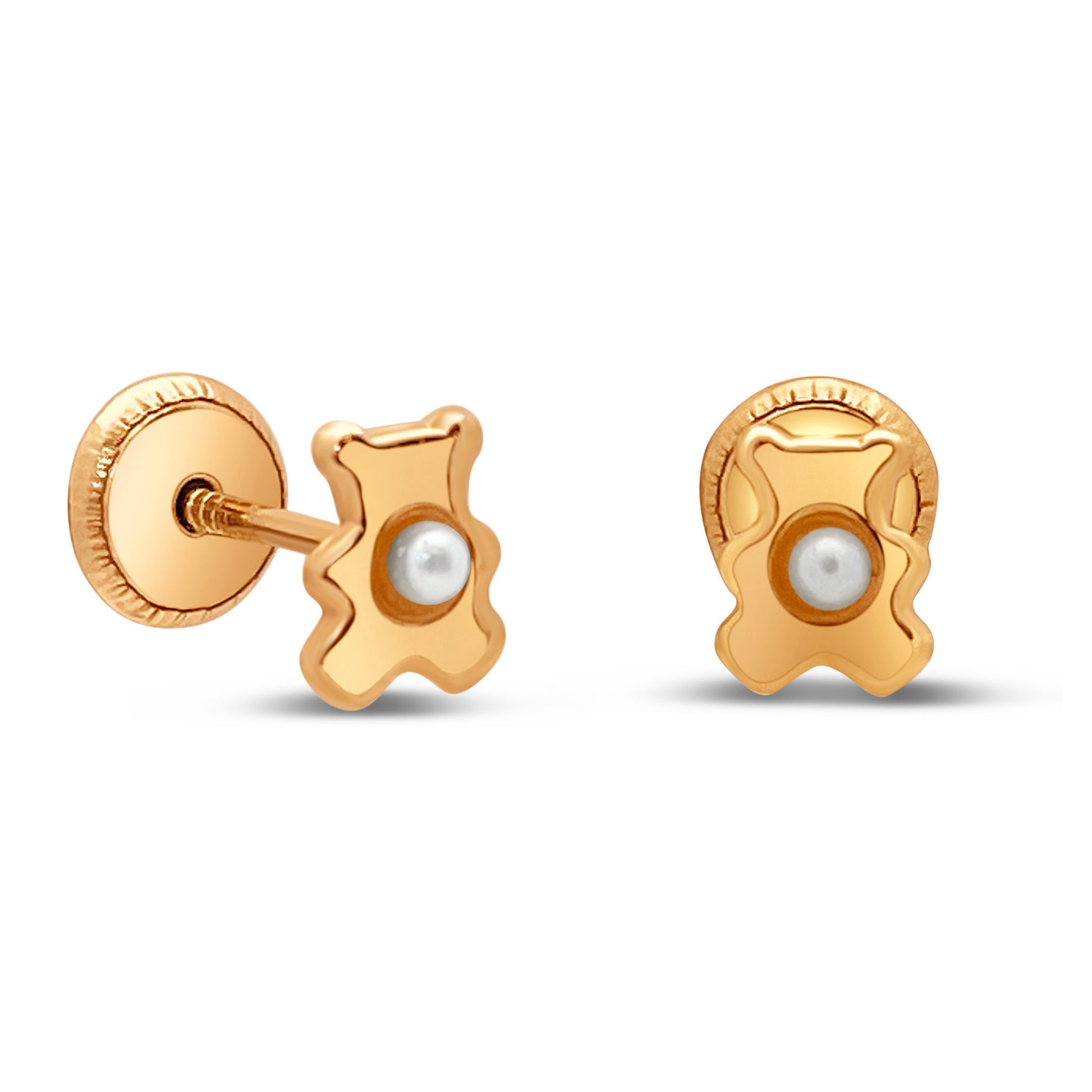 14k Yellow Gold Teddy Bear & Pearl Screwback Stud Earrings Earrings