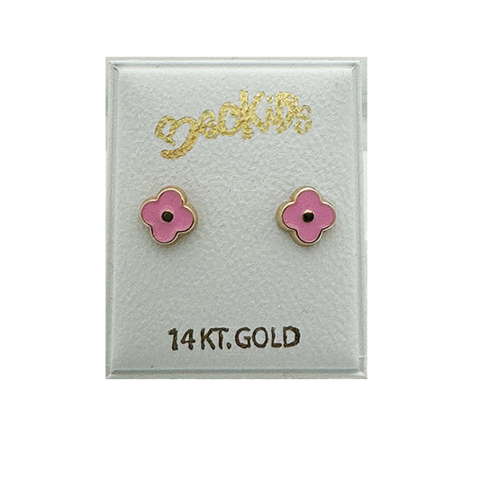 14k Yellow Gold Pink Enamel Clover Screwback Stud Earrings EARRINGS