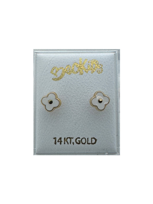 14k Yellow Gold White Enamel Clover Screwback Stud Earrings EARRINGS