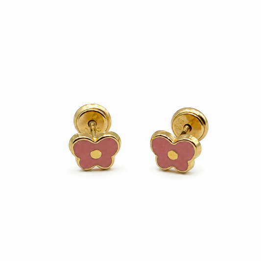 14k Gold Pink Butterfly Screwback Stud Earrings