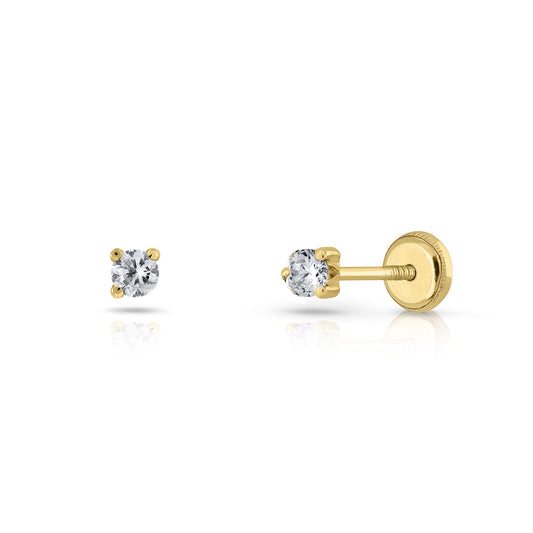 BecKids - 14k Gold Sparkling CZ Stud Earrings - Screw Backs 3mm Earrings