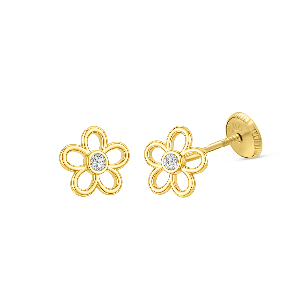 14k Yellow Gold Open Flower CZ Screwback Stud Earrings EARRINGS